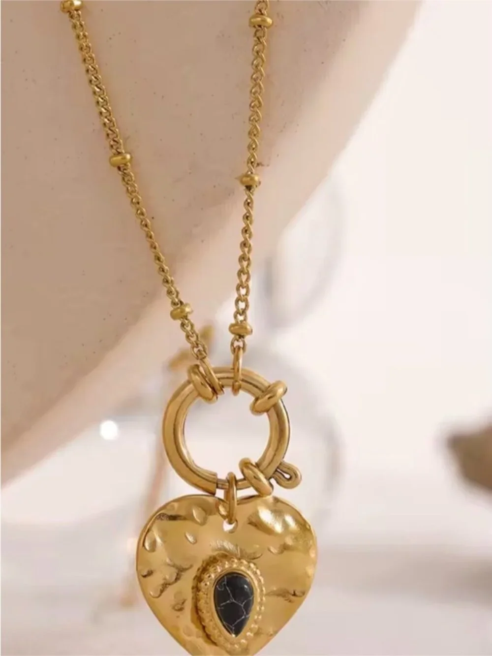 Gold plated Heart Pendant Necklace with Black Teardrop Accent